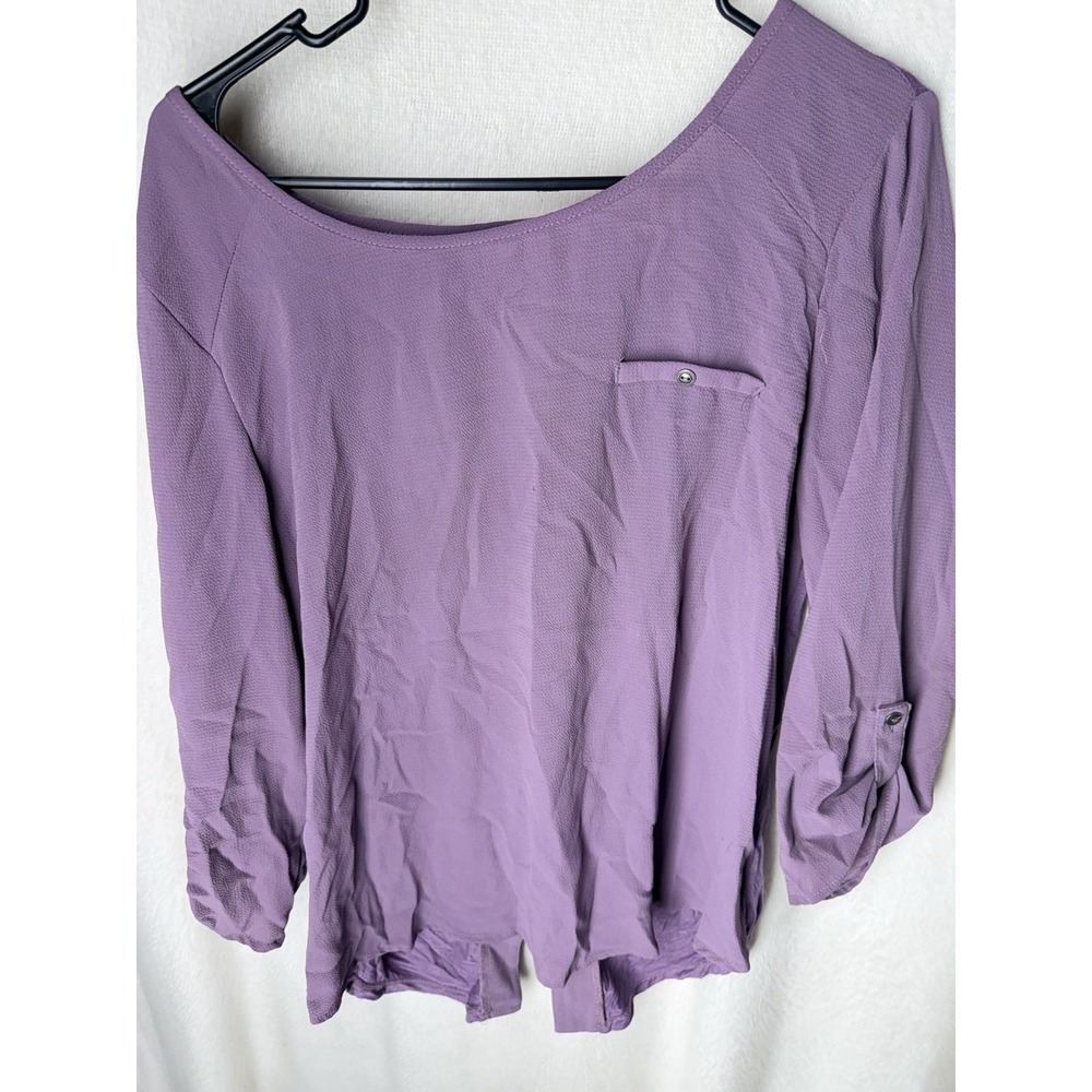 janetchung Blouse Womens XL Purple Roll Tab Sleeve Button Back Tunic Top
